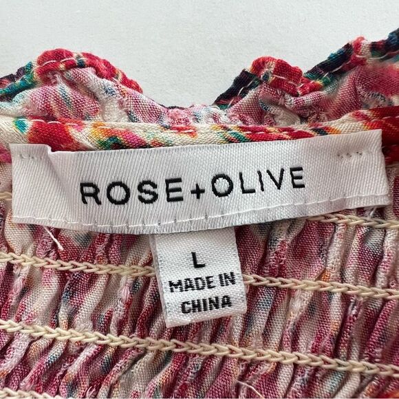 Rose & Olive Smocked Cap Sleeve Keyhole Back Western Print Boho Blouse SZ L - Picture 10 of 13